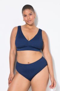 Damskie Figi od bikini figi wysoki stan drobna faktura. Niebieskie figi Ulla Popken, bez wzorów, z elastanu. Za 91,99 zł.