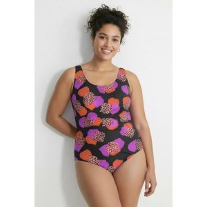 Damskie Strój kąpielowy wzór w panterkę bez miękkich miseczek okrągły dekolt. Czarne stroje jednoczęściowe Ulla Popken, bez wzorów, z elastanu. Za 199,99 zł.