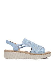 Rieker Sandały CEO-69246-10 Niebieski jasny. Niebieskie sandały Rieker, bez wzorów, z materiału, bez obcasa, na koturnie, bez zapięcia. Za 339,99 zł.