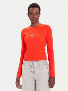 Calvin Klein Jeans Bluzka Monogram LV047A803G Czerwony Slim Fit. Czerwone bluzki Calvin Klein Jeans, s, bez wzorów, z bawełny, bez kołnierzyka, bez ramiączek. Za 159,99 zł.