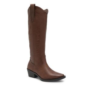 Kozaki Jenny Fairy. Brązowe kozaki Jenny Fairy, bez wzorów, bez obcasa, na słupku, bez zapięcia. Za 199,99 zł.