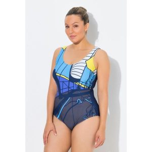 Damskie Kostium kąpielowy motyw żeglarski bez miękkich miseczek okrągły dekolt. Stroje jednoczęściowe Ulla Popken, bez wzorów, z elastanu. Za 199,99 zł.
