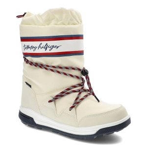 Białe Śniegowce Tommy Hilfiger Damskie Buty. Białe buty zimowe TOMMY HILFIGER, ze skóry ekologicznej, bez obcasa, na platformie, bez zapięcia. Za 429,00 zł.