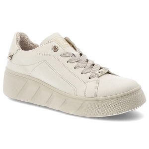 Półbuty damskie Rieker o sportowym fasonie ze sznurowaniem subtelnymi detalami i masywną profilowaną podeszwą białe, W2601-82 White. Białe półbuty Rieker, bez wzorów, bez obcasa, bez zapięcia. Za 399,00 zł.
