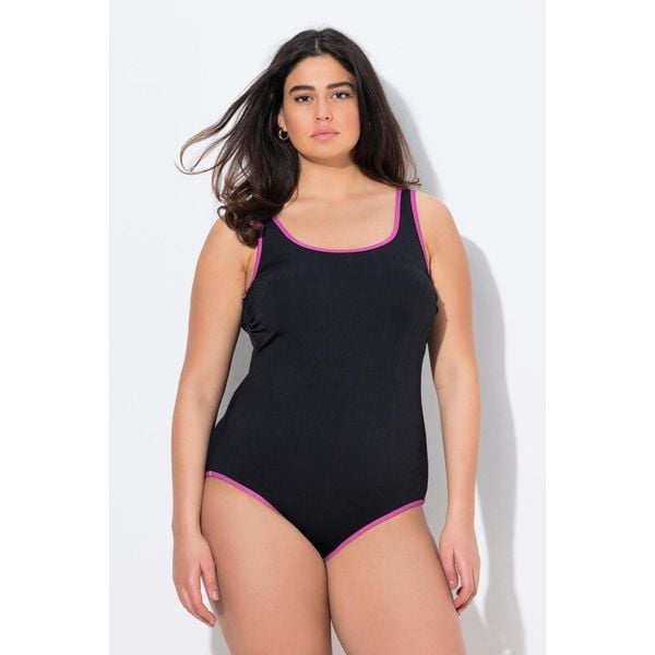 Damskie Strój kąpielowy kolorowe wypustki bez miękkich miseczek okrągły dekolt. Czarne stroje jednoczęściowe Ulla Popken, bez wzorów, z elastanu. Za 199,99 zł.