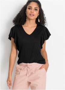 T-shirt z miękkiej wiskozy. Czarne t-shirty bonprix, bez wzorów, z wiskozy, bez kołnierzyka, bez ramiączek. Za 82,99 zł.