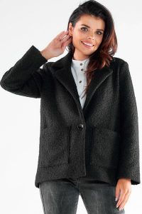 Elegancka Kurka z Nakładanymi Kieszeniami - Czarny. Czarne kurtki Awama, l, bez wzorów, z materiału, bez kaptura. Za 318,90 zł.
