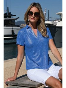 Bleu d'Azur Koszulka "Robin" w kolorze niebieskim rozmiar: 42. Niebieskie bluzki Bleu d'Azur, w ażurowe wzory, klasyczne, bez kołnierzyka, bez ramiączek. Za 153,71 zł.