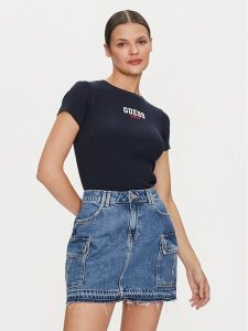 Guess Jeans T-Shirt W4YI64 KA0H1 Granatowy Slim Fit. Niebieskie t-shirty Guess Jeans, xs, z aplikacjami, z bawełny, bez kołnierzyka, bez ramiączek. Za 79,99 zł.