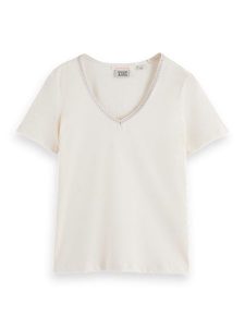 Scotch & Soda Koszulka w kolorze kremowym rozmiar: XS. Brązowe bluzki Scotch & Soda, xs, z aplikacjami, z bawełny, bez kołnierzyka, bez ramiączek. Za 65,85 zł.