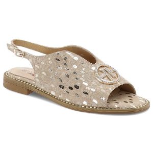 Sandały damskie S. Barski, eleganckie we wzorki skórzane na płaskim obcasie, złote, KV51-094. Żółte sandały S.BARSKI, z aplikacjami, bez obcasa, na płaskiej podeszwie, bez zapięcia. Za 149,00 zł.