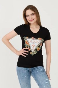 GUESS Czarny t-shirt Triangle Flowers. Czarne t-shirty Guess, xs, z aplikacjami, bez kołnierzyka, bez ramiączek. W wyprzedaży za 109,99 zł.