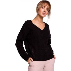 Lekki sweter damski ażurowy z dekoltem V splot w warkocz czarny. Czarne swetry klasyczne Polskie swetry, l, z dzianiny, bez kołnierzyka. Za 245,00 zł.