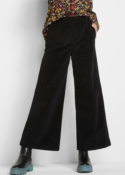 Spodnie sztruksowe high-waist z mieszanki bawełny. Czarne spodnie z wysokim stanem bonprix, bez wzorów, z bawełny, z podwyższonym stanem. Za 122,99 zł.