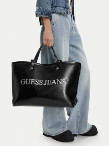 Guess Jeans Torebka CWBEO-GUESS-B-015-09 Czarny. Czarne shopper bag Guess Jeans, z aplikacjami, z jeansu, bez dodatków. Za 269,99 zł.