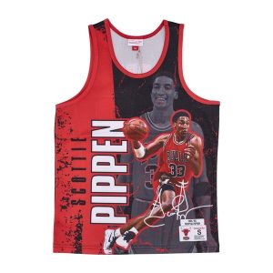 Siateczkowa koszulka Burst Chicago Bulls NBA Scottie Pippen. Czerwone bluzki MITCHELL & NESS, bez wzorów, sportowe, bez kołnierzyka, bez ramiączek. Za 397,50 zł.