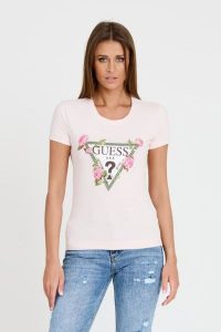 GUESS Różowy t-shirt Floral Triangle Tee. Czerwone t-shirty Guess, s, z aplikacjami, bez kołnierzyka, bez ramiączek. W wyprzedaży za 163,99 zł.