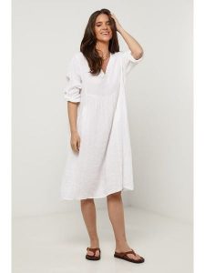 Le Monde du Lin Lniana sukienka w kolorze białym rozmiar: 36/38. Białe sukienki Le Monde du Lin, bez wzorów, ze lnu, bez kołnierzyka, bez ramiączek, midi. Za 173,99 zł.
