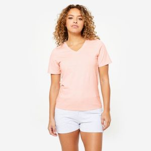 Koszulka z krótkim rękawem damska Domyos Gym & Pilates. Czerwone bluzki NYAMBA, xl, bez wzorów, z bawełny, sportowe, bez kołnierzyka, bez ramiączek. Za 39,99 zł.