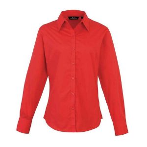 Bluzka Damska Z Długim Rękawem Z Popeliny. Czerwone bluzki PREMIER, xl, bez wzorów, casualowe, bez kołnierzyka, bez ramiączek. Za 107,99 zł.