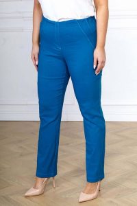 Spodnie Nilda z prostą nogawką INDYGO wysoki stan PLUS SIZE XXL. Niebieskie spodnie z wysokim stanem Nasi partnerzy, bez wzorów, z elastanu, z podwyższonym stanem, krótkie. Za 159,90 zł.
