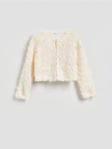 Marynarka z kwiatowym motywem - biały. Białe marynarki i żakiety Reserved, l, bez wzorów, z dzianiny. Za 139,99 zł.