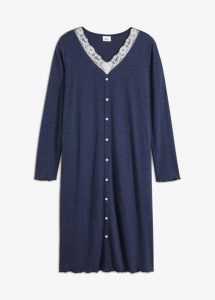 Długa koszula nocna z plisą guzikową. Niebieskie koszule nocne bonprix, bez wzorów, z koronki, bez ramiączek. Za 64,99 zł.