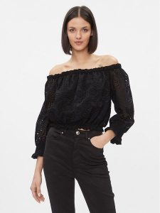 Guess Bluzka Rafa W3GH95 WFDC0 Czarny Regular Fit. Czarne bluzki Guess, xxl, z aplikacjami, z bawełny, bez kołnierzyka, bez ramiączek. Za 329,99 zł.