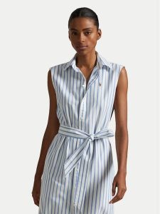 Polo Ralph Lauren Sukienka koszulowa 211973767001 Błękitny Regular Fit. Niebieskie sukienki Polo Ralph Lauren, bez wzorów, z bawełny, bez kołnierzyka, bez ramiączek, koszulowe. Za 559,99 zł.