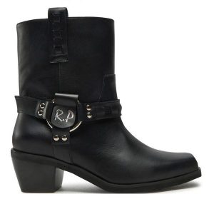 Botki R.Polański. Czarne botki R.Polański, bez wzorów, bez obcasa, na słupku, bez zapięcia. Za 549,99 zł.