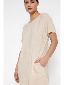 Kaffe Sukienka "Liny" w kolorze beżowym rozmiar: 38. Brązowe sukienki Kaffe, na co dzień, bez wzorów, bez kołnierzyka, bez ramiączek, midi, proste. Za 173,99 zł.
