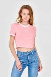 GUESS Różowy damski crop top, Rozmiar XL. Czerwone topy Guess, s, z aplikacjami, bez kołnierzyka, bez ramiączek. W wyprzedaży za 151,99 zł.