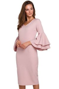 Sukienka na wesele elegancka midi z bufiastymi rękawami pudrowy róż. Czerwone sukienki Makover, na wesele, xxl, bez wzorów, eleganckie, bez kołnierzyka, bez ramiączek, midi, dopasowane. Za 289,00 zł.