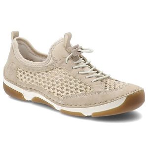 Półbuty damskie Rieker, cholewka ze skóry ekologicznej z przewiewnymi wstawkami z siateczki elastyczne sznurowanie wsuwany fason, beżowe, 55960-60. Brązowe półbuty Rieker, bez wzorów, ze skóry ekologicznej, bez obcasa, bez zapięcia. Za 359,00 zł.