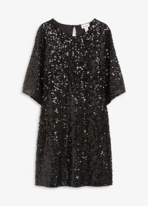 Sukienka oversized z cekinami. Czarne sukienki bonprix, bez wzorów, bez kołnierzyka, bez ramiączek, mini. Za 139,99 zł.