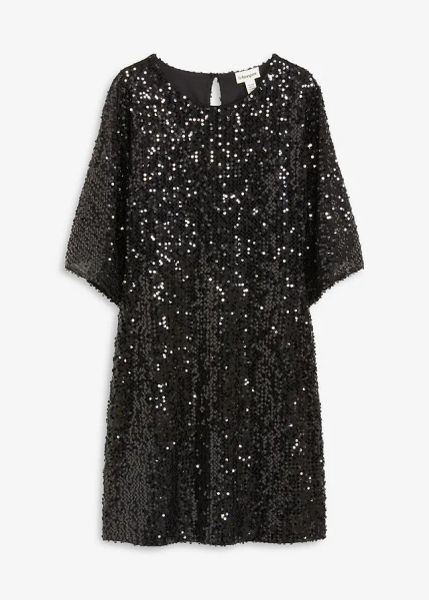 Sukienka oversized z cekinami. Czarne sukienki bonprix, bez wzorów, bez kołnierzyka, bez ramiączek, mini. Za 139,99 zł.