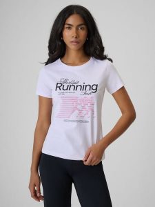 4F T-shirt slim z nadrukiem damski - biały M. Białe t-shirty 4f, m, bez wzorów, z bawełny, bez kołnierzyka, bez ramiączek. Za 59,99 zł.