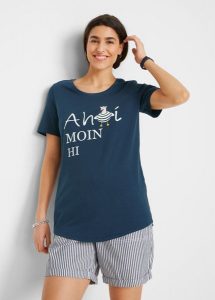 T-shirt bawełniany z marynarskim nadrukiem. Niebieskie t-shirty bonprix, bez wzorów, z bawełny, bez kołnierzyka, bez ramiączek. Za 59,99 zł.