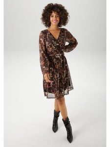 Aniston Sukienka w kolorze czarnym ze wzorem rozmiar: 44. Czarne sukienki Aniston, bez wzorów, z tkaniny, bez kołnierzyka, bez ramiączek, mini, kopertowe. Za 95,99 zł.