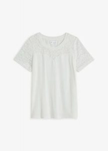 T-shirt z miękkiej wiskozy. Białe t-shirty bonprix, bez wzorów, z koronki, bez kołnierzyka, bez ramiączek. Za 34,99 zł.