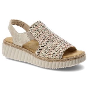 Sandały damskie Rieker, cholewka z materiału tekstylnego wsuwany fason na platformie, beżowe, 69276-60. Brązowe sandały Rieker, bez wzorów, bez obcasa, na platformie, bez zapięcia. Za 299,00 zł.
