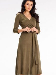 Sukienka Model A653 Khaki - awama. Brązowe sukienki Awama, na randkę, l, bez wzorów, z elastanu, bez kołnierzyka, plus size, bez ramiączek, midi, dopasowane. Za 356,58 zł.
