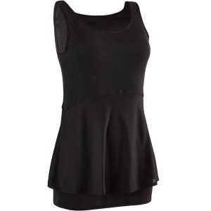 Top Gym & Pilates 530 damski. Czarne topy NYAMBA, m, bez wzorów, z bawełny, sportowe, bez kołnierzyka, bez ramiączek. W wyprzedaży za 34,99 zł.