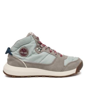 Botki Timberland. Szare botki Timberland, bez wzorów, bez obcasa, na płaskiej podeszwie, bez zapięcia. Za 449,99 zł.