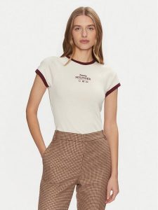 Tommy Hilfiger T-Shirt WW0WW43898 Beżowy Slim Fit. Brązowe t-shirty TOMMY HILFIGER, s, bez wzorów, z bawełny, bez kołnierzyka, bez ramiączek. Za 159,99 zł.