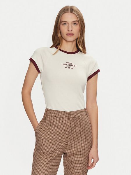 Tommy Hilfiger T-Shirt WW0WW43898 Beżowy Slim Fit. Brązowe t-shirty TOMMY HILFIGER, s, bez wzorów, z bawełny, bez kołnierzyka, bez ramiączek. Za 139,99 zł.