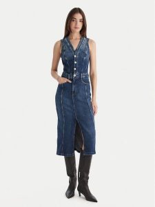 Guess Sukienka jeansowa W5BK40 D0615 Niebieski Regular Fit. Niebieskie kombinezony Guess, xl, z aplikacjami, z bawełny, bez kołnierzyka, bez ramiączek. Za 399,99 zł.