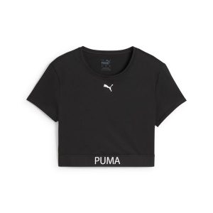 Damska koszulka o skróconym kroju PUMA STRONG PUMA. Czarne bluzki Puma, bez wzorów, sportowe, bez kołnierzyka, bez ramiączek. Za 129,00 zł.