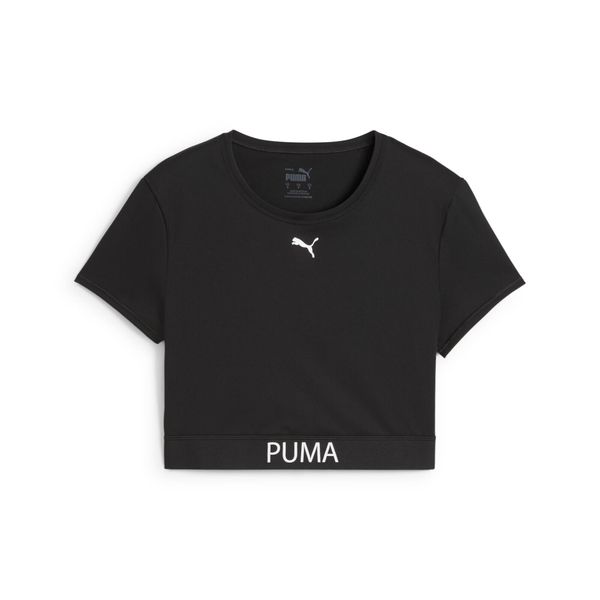 Damska koszulka o skróconym kroju PUMA STRONG PUMA. Czarne bluzki Puma, bez wzorów, sportowe, bez kołnierzyka, bez ramiączek. Za 129,00 zł.