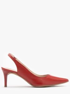 Czerwone czółenka typu slingback na szpilce. Czerwone czółenka Ryłko, bez wzorów, z gumy, bez obcasa, na szpilce, bez zapięcia. W wyprzedaży za 279,99 zł.